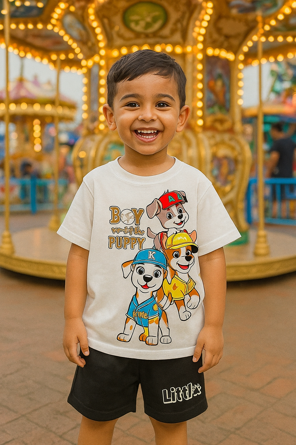 Boys Summer T-Shirt & Shorts Set – White Puppy Print