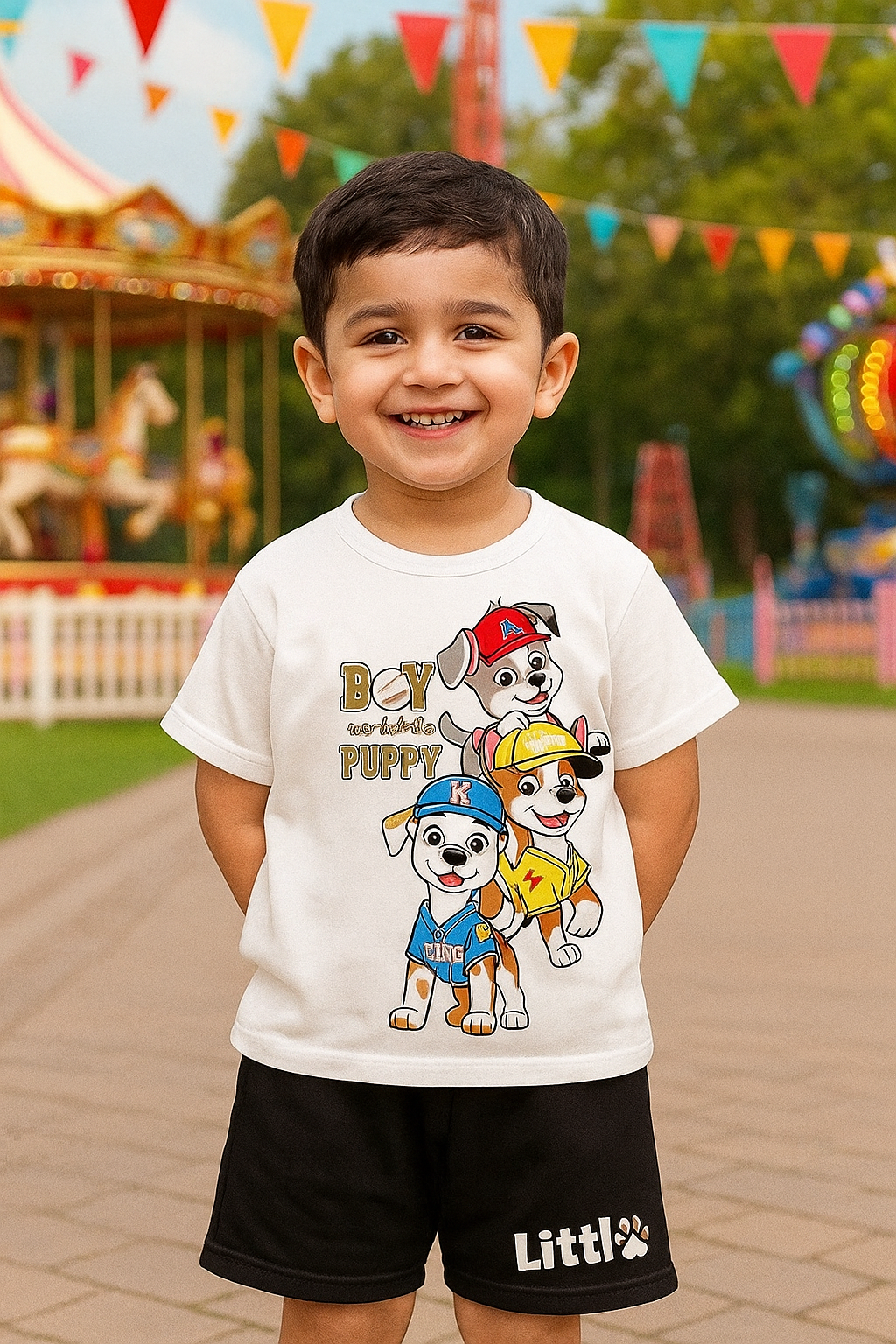 Boys Summer T-Shirt & Shorts Set – White Puppy Print