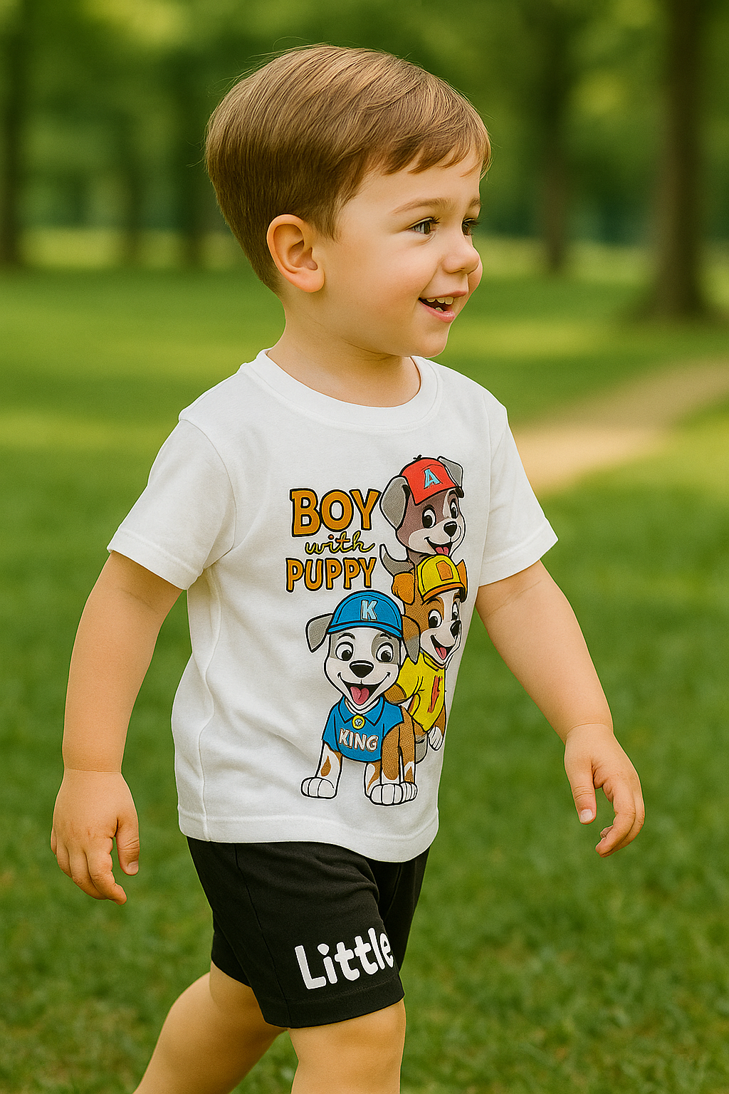 Boys Summer T-Shirt & Shorts Set – White Puppy Print