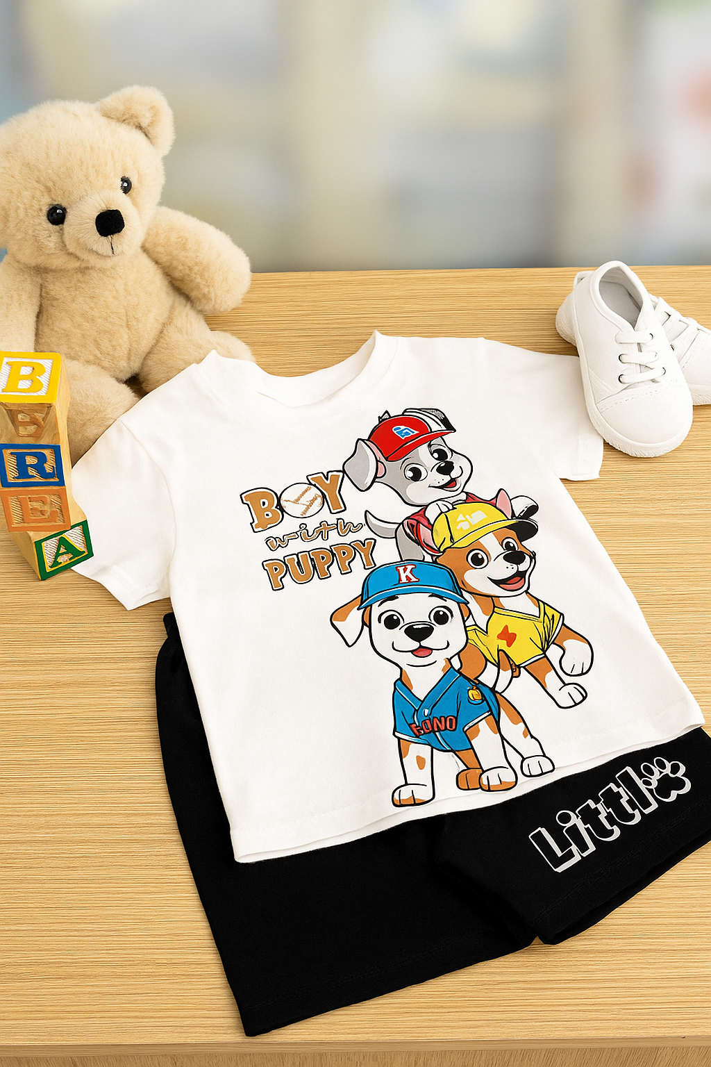 Boys Summer T-Shirt & Shorts Set – White Puppy Print