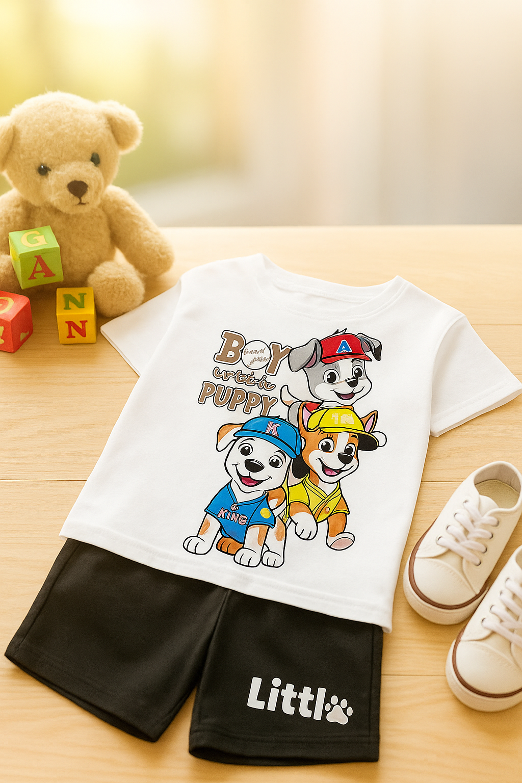 Boys Summer T-Shirt & Shorts Set – White Puppy Print
