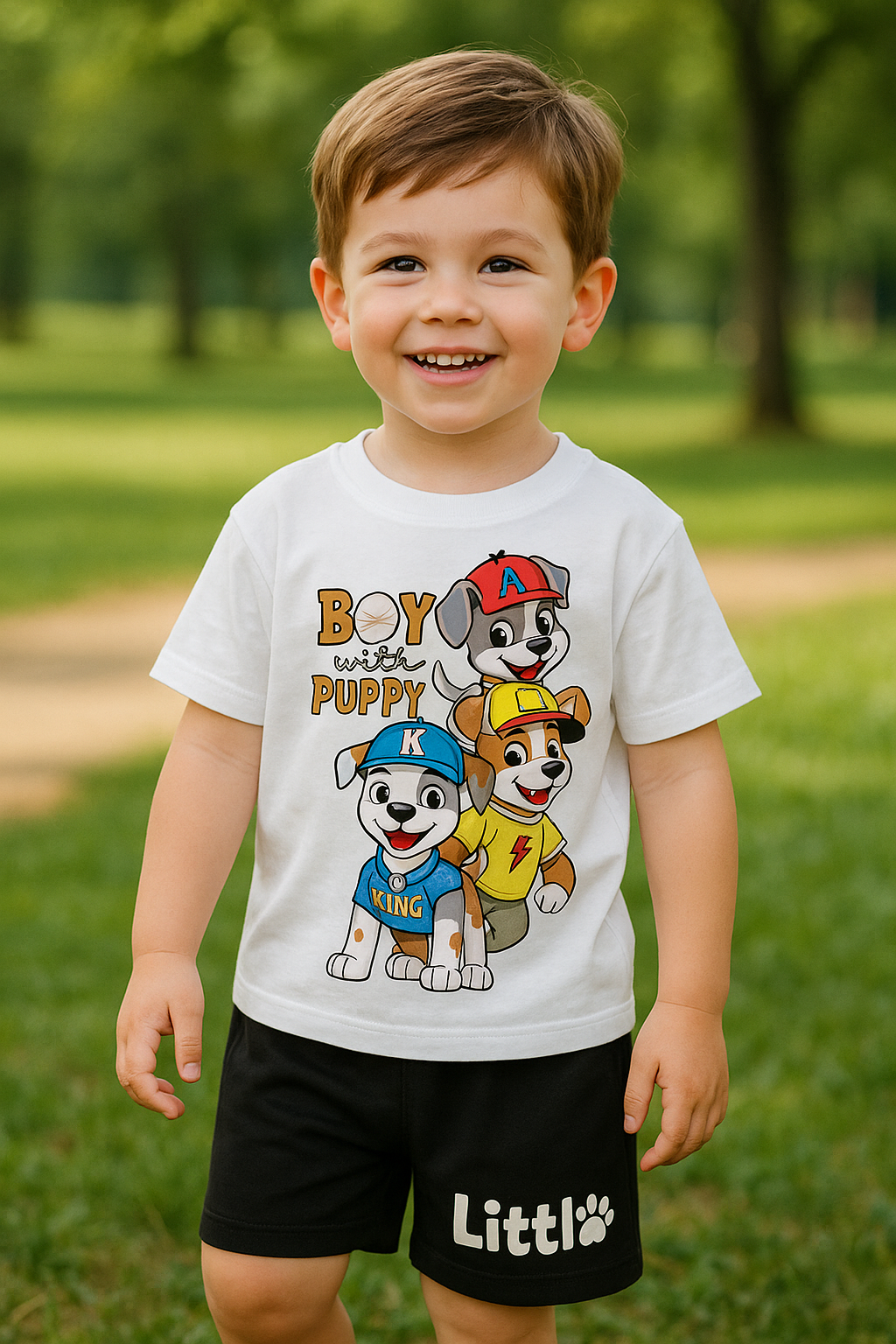 Boys Summer T-Shirt & Shorts Set – White Puppy Print